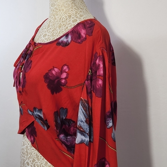 Band of The Free Crop Top Floral Scallop Tie Front Long Sleeve Smocked Size L - Picture 5 of 12